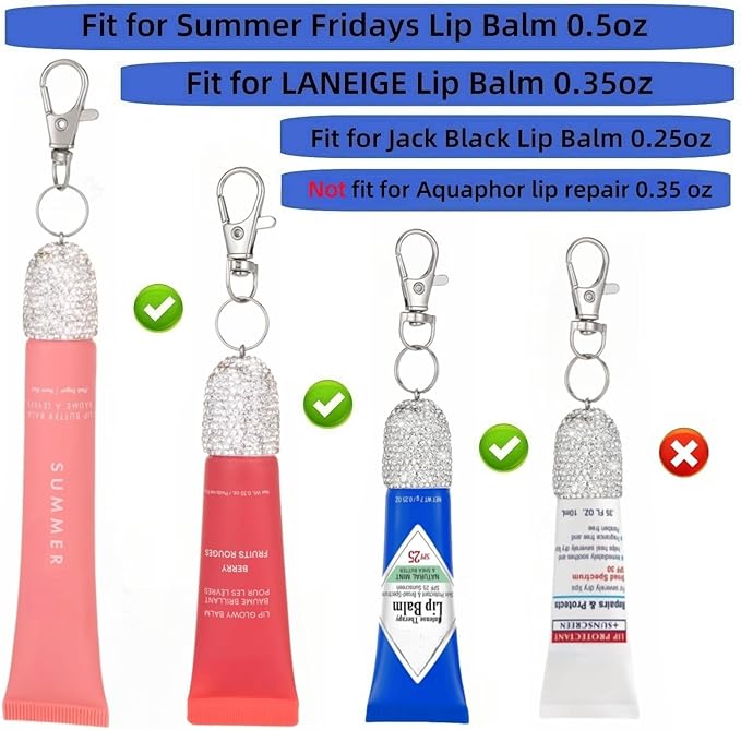3pcs Lip Balm Keychain Holder Bling Lip Gloss Key Chain Cap Portable Lipgloss Case