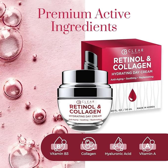 Clear Beauty Retinol & Collagen Face Moisturizer - Dermatologist Tested, Anti Aging Korean Skin Care - Firming Day Cream, Smooths Lines, Hydrates & Minimizes Pores - Vegan, Clean Beauty - 1.69 Fl Oz