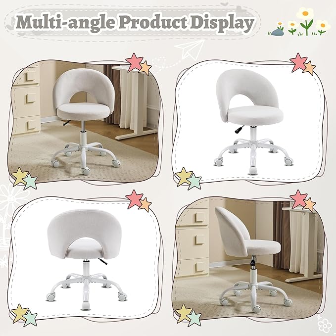 VINGLI Small Vanity Chair with Wheels for Girls.Cute Modern Adjustable Height Armless Office Desk Chair.360°Swivel Comfy Rolling Chair for Study, Make up Room,Small Space,Linen Light Gray