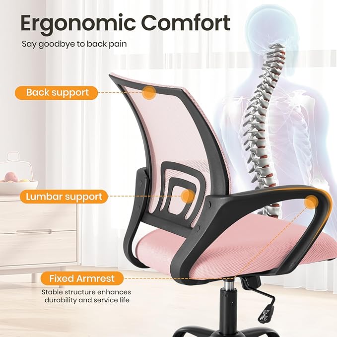 NEWBULIG Computer Desk Office Chair, Ergonomic Mid-Back Swivel Rolling Chair with Breathable Backrest and Lumbar Support Wheels, Pink Chair for Desk Home Height Adjustable, 2 Pack