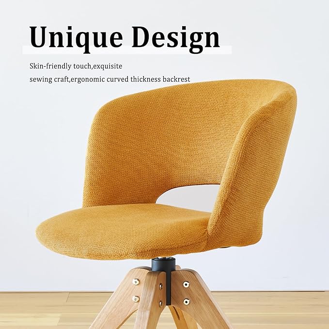 Mid Century Modern Swivel Accent Chair with Solid Wood Legs, Home Office Desk Chair No Wheels, Makeup Chair for Vanity, Upholstered Chair for Bedroom, Yellow