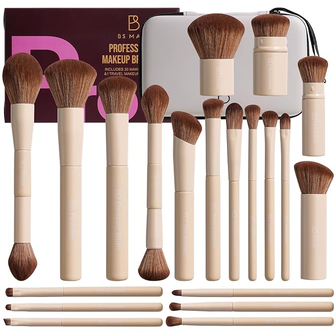 BS-MALL Makeup Brushes Kit – Professional Synthetic Makeup Tools with Travel Case, Includes Foundation, Powder, Concealer, Lip & Eyeshadow Brushes + Sponge for Daily Use & Versatile Occasions (Beige)