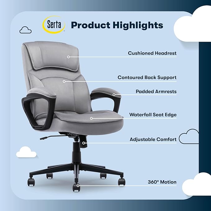 Serta Comfort Classic Executive Office Chair, Ergonomic Mid-Back Computer DeskChair with Lumbar Support, Semi-Plush Cushion and Body Pillows, Padded Armrests, Swivel Base, Gray Velvet Fabric