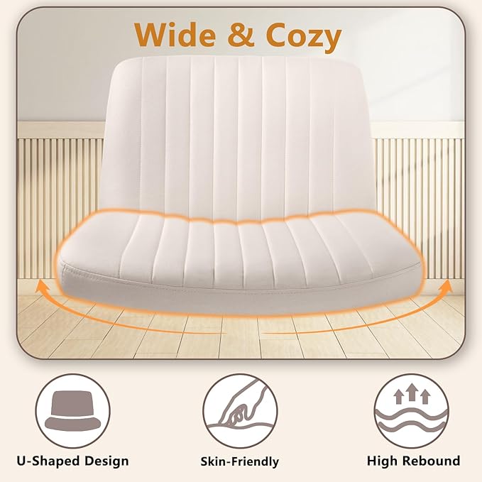Criss Cross Chair, Cross Legged Desk Office Vanity Chair, Comfortable Beige Vanity Stool with Back, Armless Fabric Adjustable Wide Swivel Criss Cross Desk Chair for Home Office