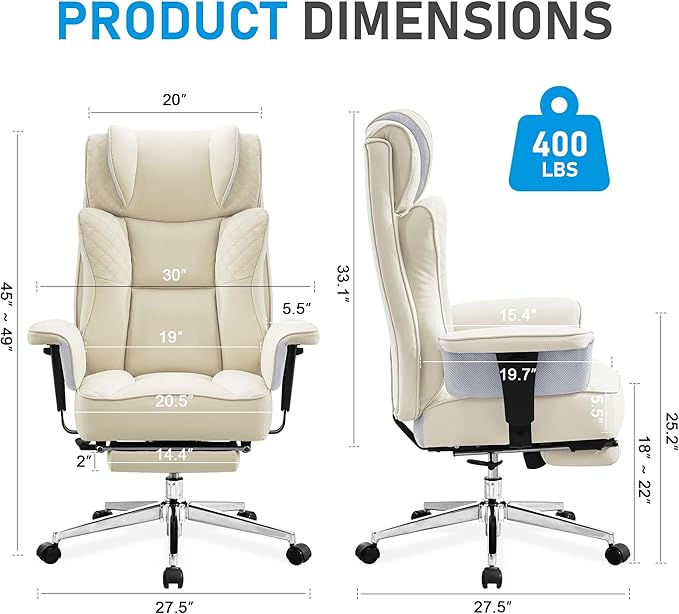 Big and Tall Office Chair, Ergonomic Leather Reclining Chair with Footrest, High-Back Comfy Executive Computer Desk Chairs with Lumbar Support, Wide Seat, 400LBS (Beige)