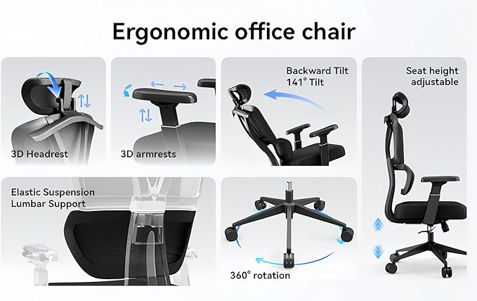 Ergonomic Office Chair Mesh High Back Computer Desk Chair with Lumbar Support, Adjustable Headrest, 3D Armrests, Tilt Lock for Home Office & Gaming