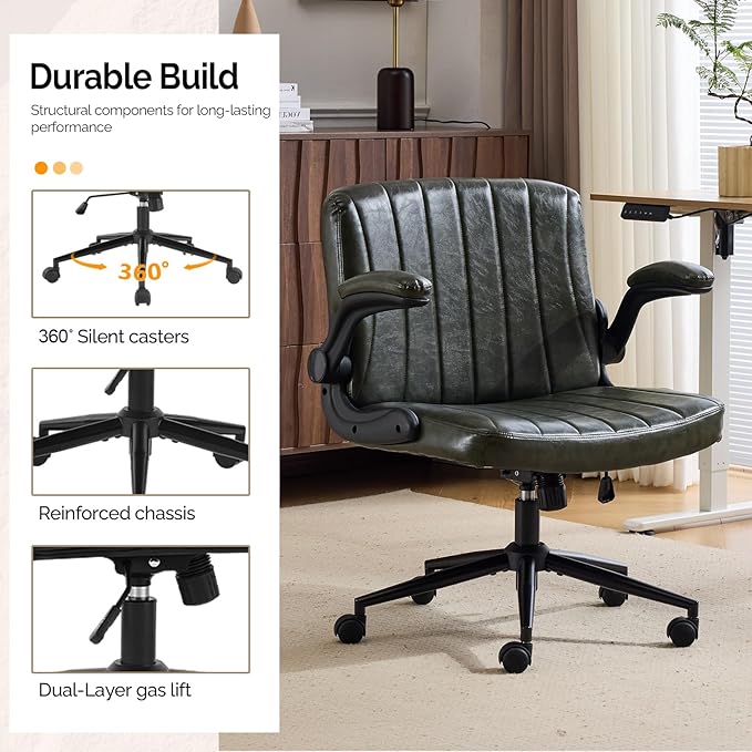VINGLI Criss Cross Chair with Adjustable Flip-Up Arms,Cross Legged Chair with Wheels, Extra Wide Office Chair,Comfortable Desk Chair for Home Office, Vanity, Bedroom, PU Leather,Dark Green