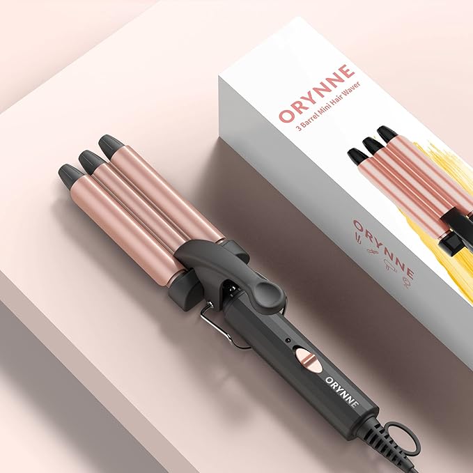 Crimper Hair Tool for Short Hair, 1/2 Inch Mini Crimper for Tight Beach Waves, Mini 3 Barrel Curling Iron with Argan Oil Infused, Beach Waves Curling Iron, Easy to Use