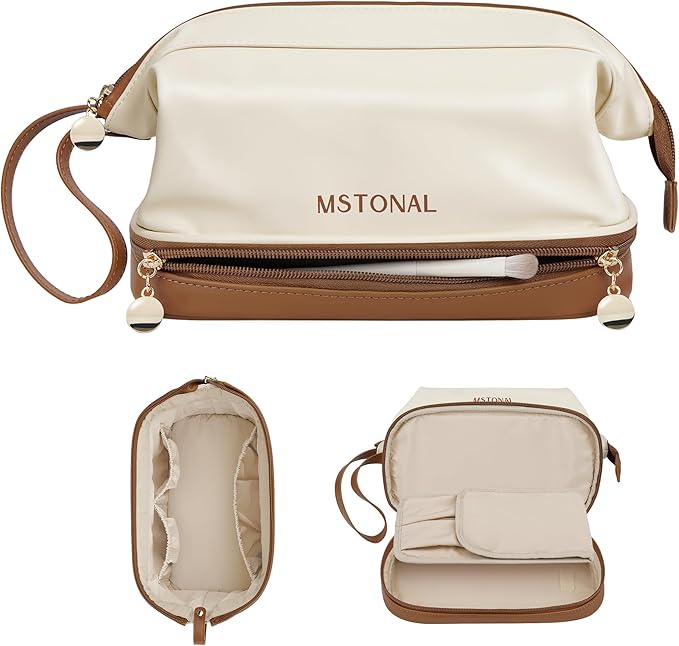 Travel Makeup Bag, Large Capacity Double Layer Cosmetic Bags for Women, Waterproof Portable Make Up Skincare Pouch with Makeup Brush Organizer, Toiletry Bag for Essentials, Beige & Brown