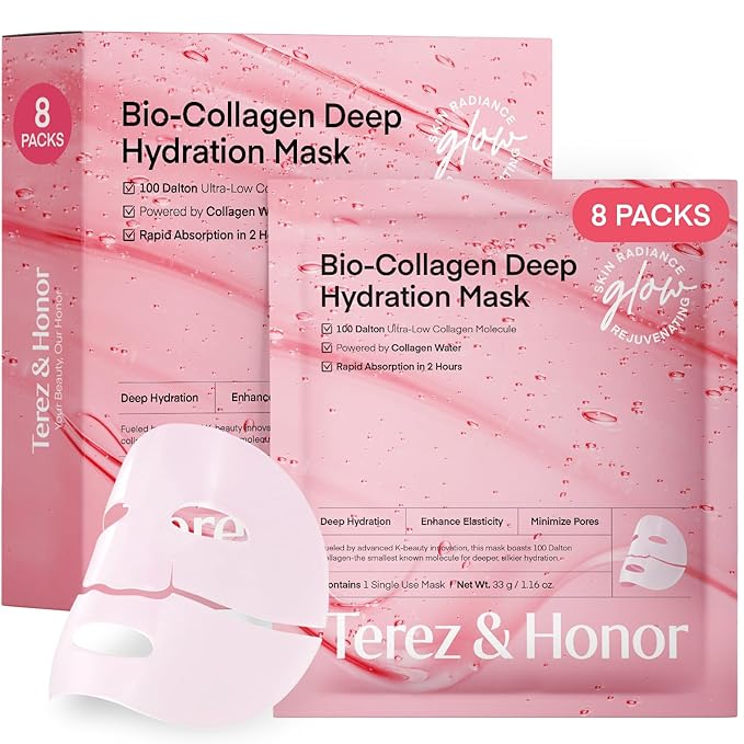 TEREZ & HONOR Real Deep Bio Collagen Face Mask - 8 x 33g Korean Hydrogel Overnight Masks for Deep Hydration, Glowing, Pore Minimizing, Elasticity, Fragrance-Free, 100 Da Ultra-Low Molecular Collagen