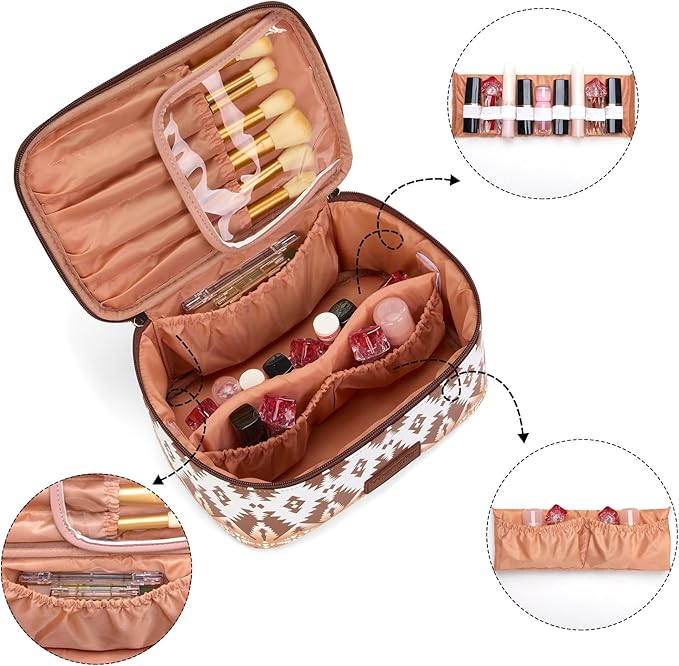 Montana West X Wrangler Travel Makeup Bag 2pcs Set Large Cosmetic Bag with Makeup Brush Holder Portable Make Up Organizer Cute Toiletry Bag with Divider and Handle for Women Aztec