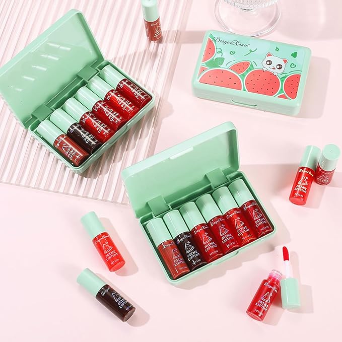 Eakroo 6 Colors Watermelon Lip Stain Set, Korean Velvet Watery Lip Tint Moisturizing Mini Liquid Lip Gloss, Lipstick for Women, Blush for Cheeks, Cute Stuff, Long-Lasting, Vivid Color, High Pigment