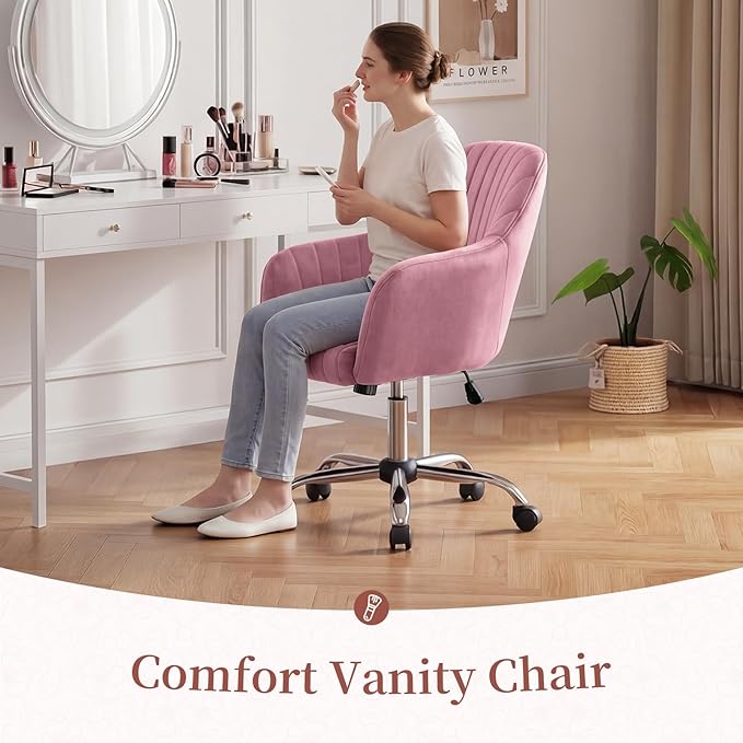 Warmiehomy Velvet Desk Chair for Home Office, Modern Adjustable Swivel Task Chair, Women Vanity Chairs with Arm Rest for Bedroom Dressing Room, Rose Pink