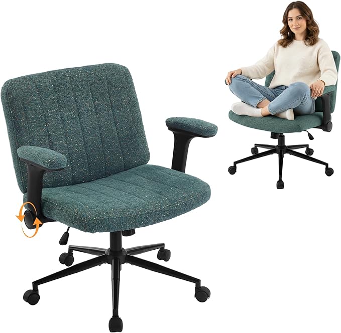 VINGLI Criss Cross Chair with Adjustable Flip-Up Arms,Cross Legged Chair with Wheels,Extra Wide Office Chair,Desk Chair for Home,Office,Vanity,Bedroom,Apartment,Starry Chenille,Dark Green