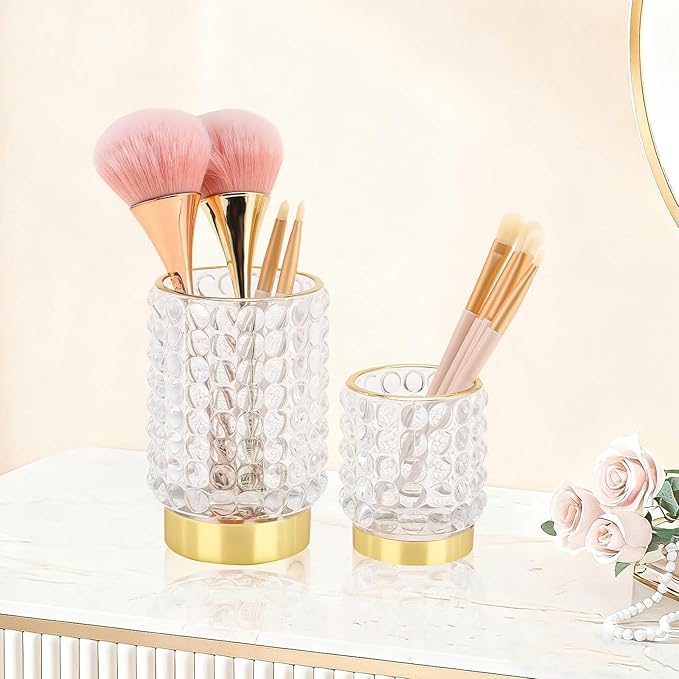 DASITON Makeup Brush Holder Organizer, Crystal Cosmetic Make Up Brush Holder, Glass Makeup Brushes Storage Organizer, Vintage Make Up Cup Desk Pen Pencil Holder, Toothbrush Holders (Clear S+L)