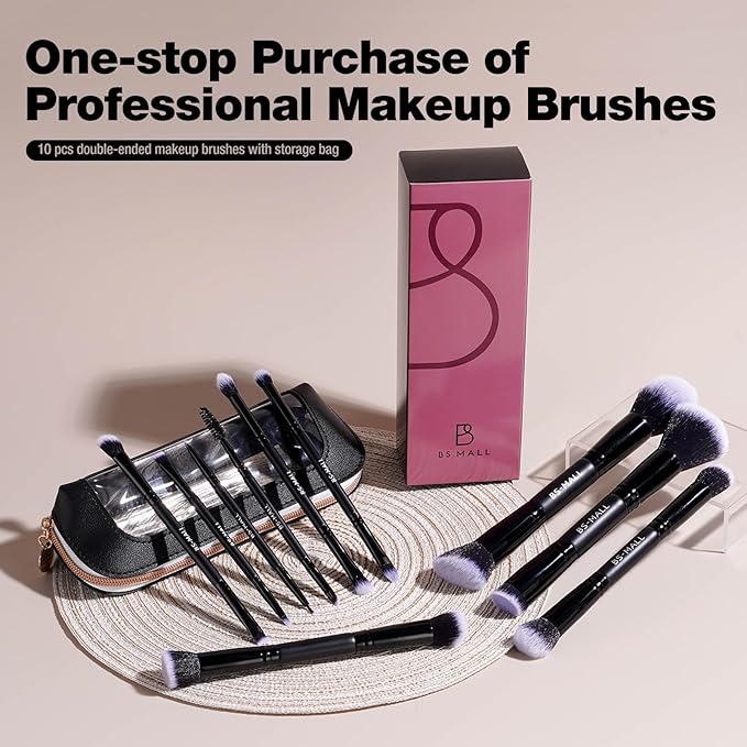 BS-MALL Double-ended Makeup Brush Set With Concealer Brush & Foundation Brush, Eyeshadow Brush- Travel-friendly Multi-purpose Brushes In Makeup Bag For Daily Use (10 PCS Black)