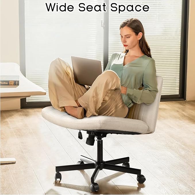 PUKAMI Criss Cross Chair,Comfy Cross Legged Office Desk Chair No Wheels,Modern Fabric Swivel Adjustable Height Mid Back Wide Seat for Home Office Computer (Beige with Wheels)