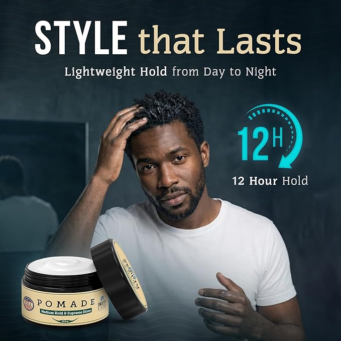 Smooth Viking Medium Hold & High Shine Pomade - Water Based Hair Cream for Curly, Thick & Straight Hair - Men's Hair Product - Made in USA, 2oz