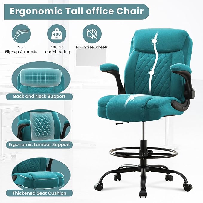 Drafting Chair for Standing Desk – Tall Office Chair with Adjustable Height & Foot Ring, Flip-Up Arms, Lumbar Support – Comfortable Fabric Seat, Ideal Home Desk Chair