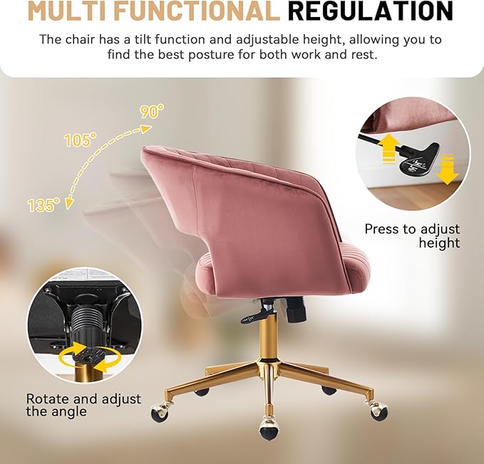 Vanity Chair with Back 360 Swivel Armchair and Gold Base, Criss Cross Chair with Wheels for Vanity Home Office, Living Room, Bedroom and Study (Pink)
