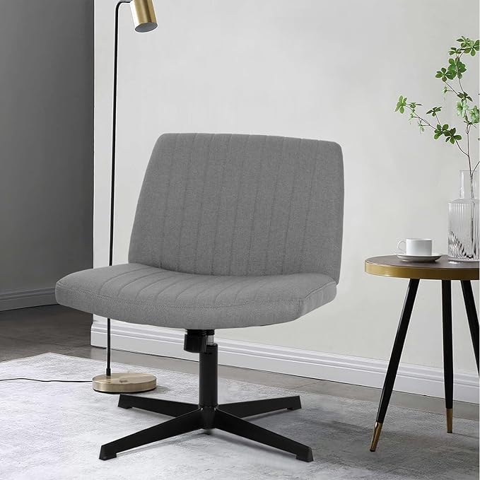 PayLessHere | Criss Cross Chair | Grey | Wide, Armless Desk Chair Without Wheels | 360 Swivel, Height Adjustable & Stable Metal Base | for Office, Home Office, Vanity Seating