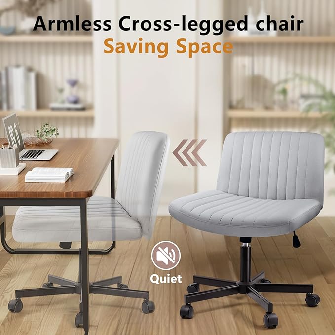 Criss Cross Chair with Wheels, Cross Legged Office Vanity Chair with Wheels, Comfortable Grey Vanity Chair with Back, Grey Fabric Armless Wide Swivel Criss Cross Desk Chair for Home Office