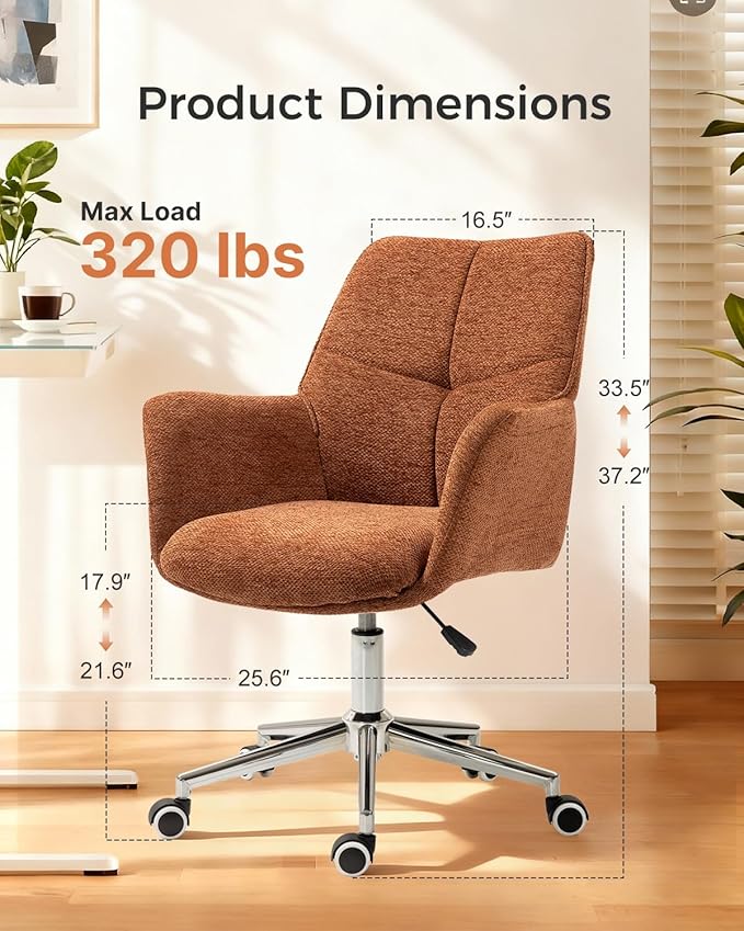 Home Office Desk Chair Swivel Ergonomic Computer Chair with Rolling Wheels, Adjustable Height Accent Armchair Upholstered Chenille for Living Room, Home Office, Study, Make Up, Orange