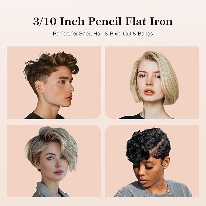 3/10 Inch Pencil Flat Iron for Short Hair - Mini Hair Straightener with Ceramic Plates, Adjustable Temperature, Dual Voltage Mini Flat Iron for Pixie Cut, Bangs & Edges, Auto Shut Off