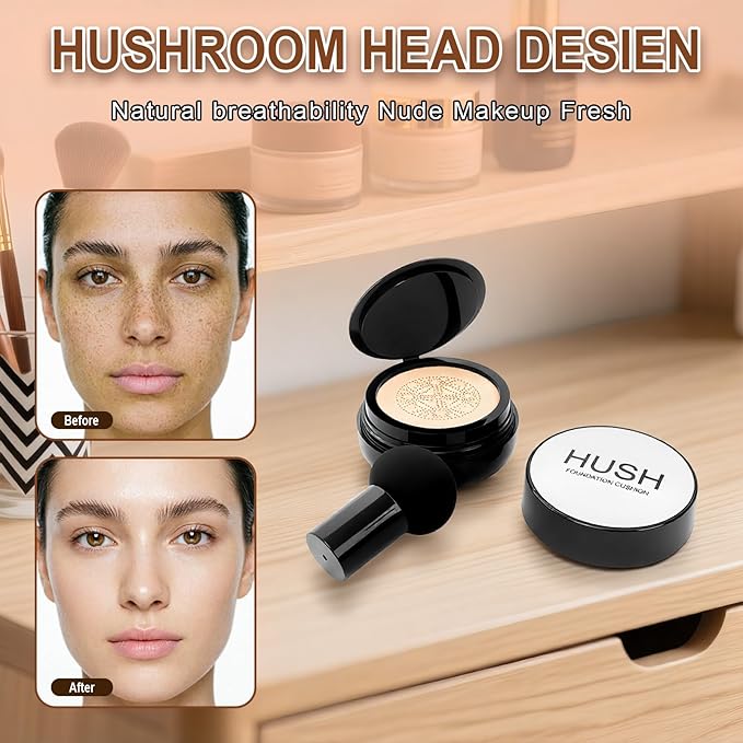 Hush makeup foundation -glow makeup foundation for older women – Korean Warm Tone CC Mushroom Air glow Foundation, Full Coverage Long-Lasting BB Cream cushion foundation, Natural Radiant Finish