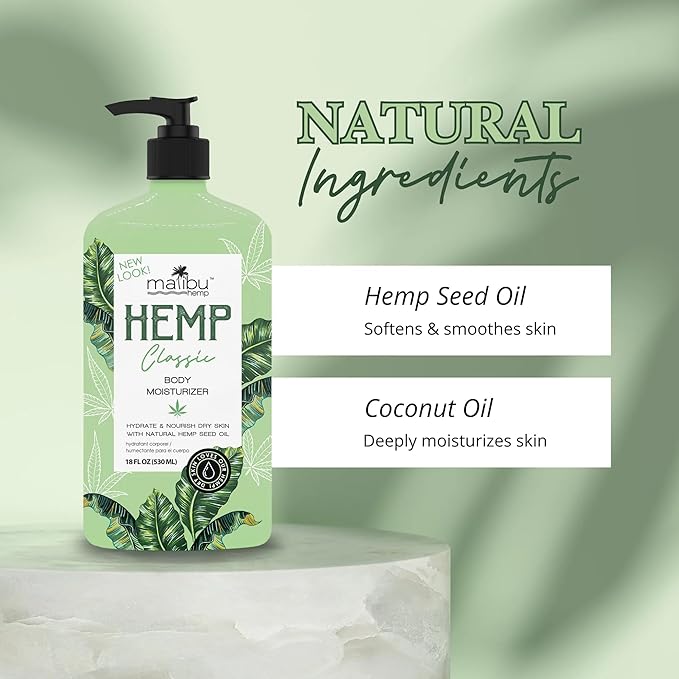 Malibu Hemp Classic Body Moisturizer, Natural Hemp Seed Oil Lotion, Vegan Formula, 18 fl oz