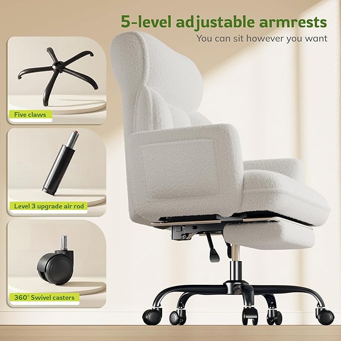 Big and Tall Office Chair with Adjustable Arms and Back, Ergonomic Office Chair with Footrest and Comfortable Fabric for Home Office, Bedroom,White