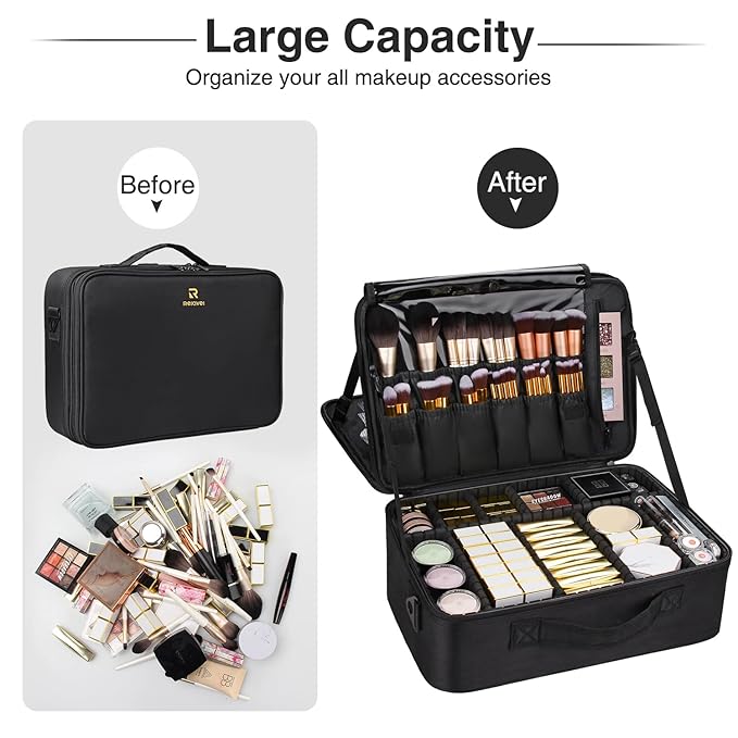 MONSTINA Large Makeup Case, 3 Layers Makeup Bag Cosmetic Organizer Brush Bag Barber Train Case Makeup Artist Box for Hair Curler Hair Straightener Brush Set and Cosmetics