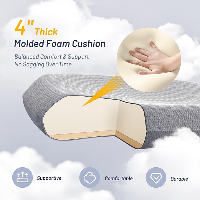 Office Chair for Long Hours & Lower Back Pain Relief – 4" Thick Molded Foam Cushion, Padded Lumbar Support and Flip-up Armrests, Ideal for Office or Study (Modern, Light Gray)