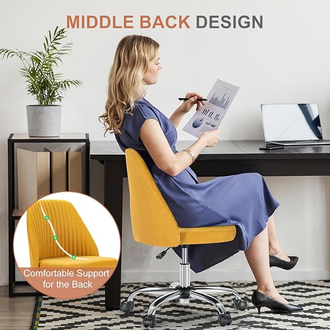 DUMOS Office Chair, Comfy Desk Chair Rolling Vanity Swivel Task Chairs with Wheels, Wide Seating Armless Height Adjustable Computer Chairs for Home,Bedroom,Student,Adults, Dark Yellow