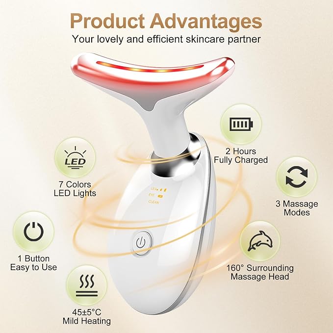 Facial Massager, 7 Color Face and Neck Massager for Skin Care at Home, Portable Beauty Skin Care Tools, White