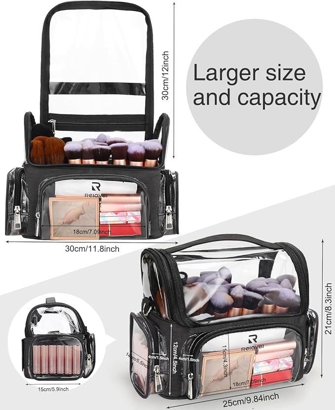 Makeup Brush Bag, Clear Makeup Brush Holder Professional Makeup Artist Travel Case Waterproof Cosmetic Organizer Bag, Full Open Easy to Access, with Adjustable Shoulder Strap and Dividers