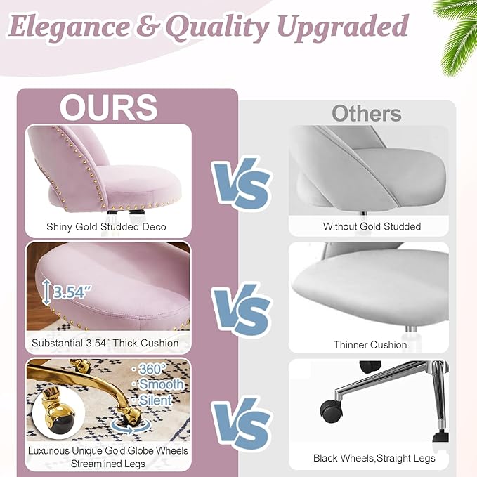 VINGLI Modern Velvet Small Office Chair,Cute Desk Chair With Wheels,Gold Base/Studs,Comfy Armless Swivel Vanity Task Chair For Women/Girl/Kids,Nail Tech Chair For Office,Small Space,Mauve Light Purple
