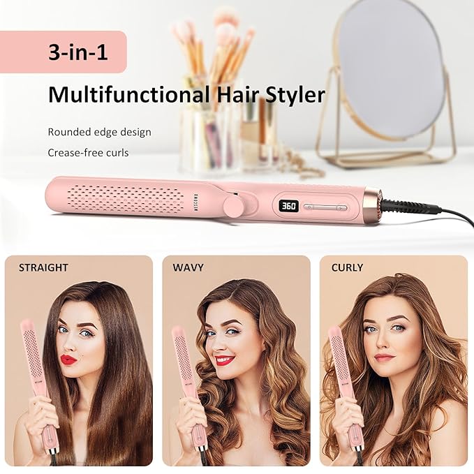 360° Airflow Styler Curling Iron - 1.25 Inch Hair Straightener and Curler 2 in 1 with Vented Cool Air to Lock in Style, Extra LongFlat Iron Curling Wand, Dual Voltage for Europe Travel
