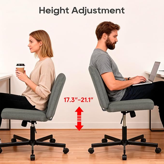 PayLessHere Criss Cross Chair Wide, Armless Office Desk Chair,Backrest Vanity Chair with Wheels 360 Swivel, Height Adjustable for Home Office, Home Office Grey