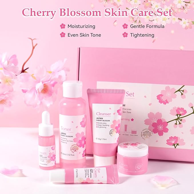 Sakura Skincare Set, Sakura Skin Care for Teens 10-12, Gentle Moisturizing Face Care Kit with Cleanser, Toner, Serum, Eye Cream & Cream, Travel Size Facial Kit for Women Girls