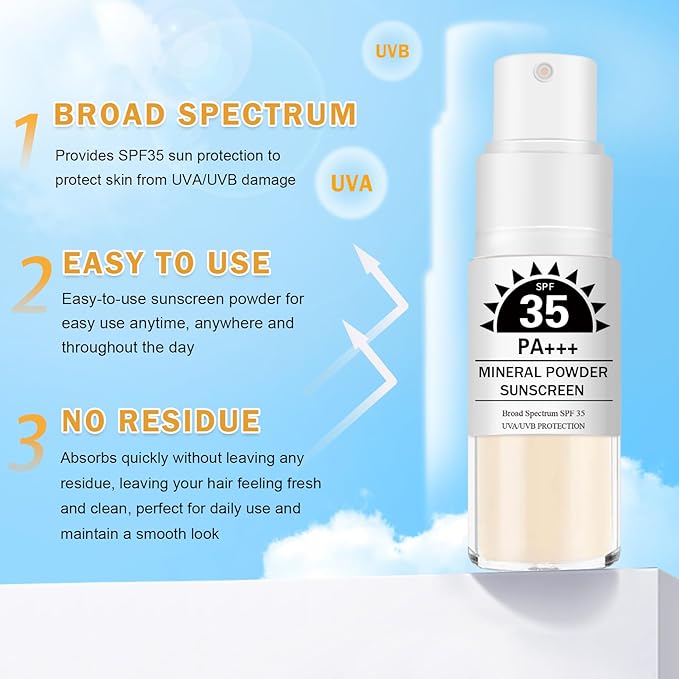 Mineral Sunscreen Powder for Scalp and Hair SPF 35 PA+++ Scalp Sunscreen Powder with Broad Spectrum UV Protection, Lightweight, No-Greasy, Easy to Apply, 1PC