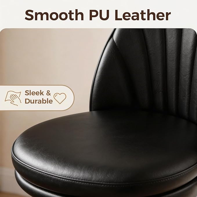 GTPOFFICE Vanity Chair with Back, Adjustable Tall Office Chair High Swivel Bar Stools Fluffy Cute Desk Chair Comfy with Wheels Armlees Counter Height for Adults Standing Desk Bar, Smooth Pu, Black