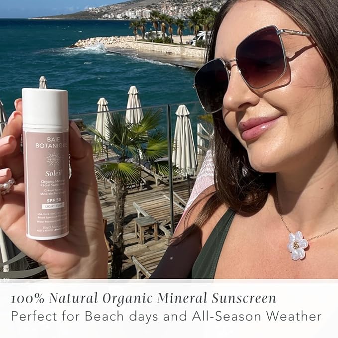NEW SIZE - Baie Botanique Soleil Organic Facial Sunscreen SPF 50 - Chemical Filter Free Hyaluronic Acid & Vitamin C Sunscreen for Face Natural Vegan No White Cast Non Toxic UVA/UVB - Light Tint 70g