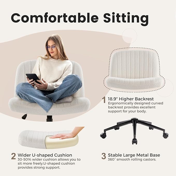 IWMH Criss Cross Chair Cross Legged Office Chair with Wheels Armless Wide Seat Desk Chairs Height Adjustable Computer Task Chairs Swivel Vanity Chair for Home Office Bedroom Make Up Teddy Fabric White
