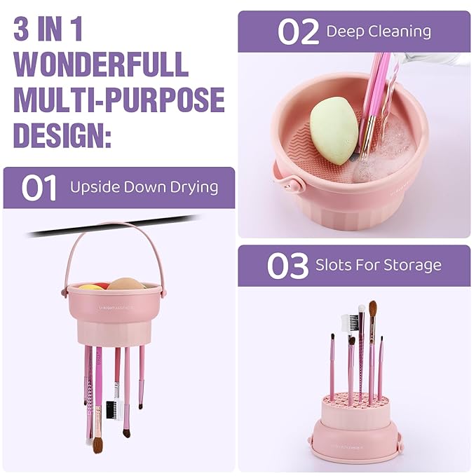 2 Pack Makeup Brush Cleaner Mat 3 in 1 Silicone Makeup Brush Cleaning Bowl Makeup Brush Sponge Scrubber Tool for Cleaning, Storage and Upside Down Drying, (Two Purple)