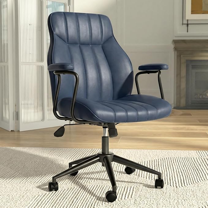 Blue Leather Office Desk Chair with Wheels and Arms, Height Adjustable, Vintage, Mid Century Modern Style