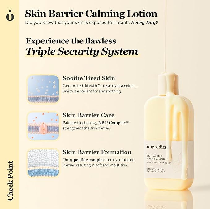 ONGREDIENTS Skin Barrier Calming Lotion | Lightweight Moisturizer for Dry, Sensitive Skin | Centella, 9-Peptide Complex, Glucose, Soothing, Calming, Hydrating | Vegan, Korean Skin Care (2.70 fl Oz)