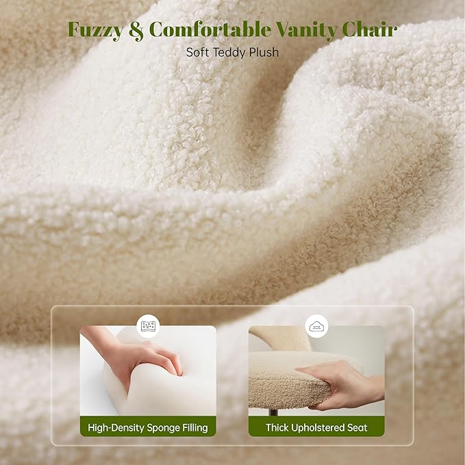 Vanity Chair with Wheels Armless, Cute Vanity Chair with Back,Ultra-Plush Fleece Cute Desk Chair, Small Office Chair Height Adjustable,for Make-up Room,Bedroom,Off-White