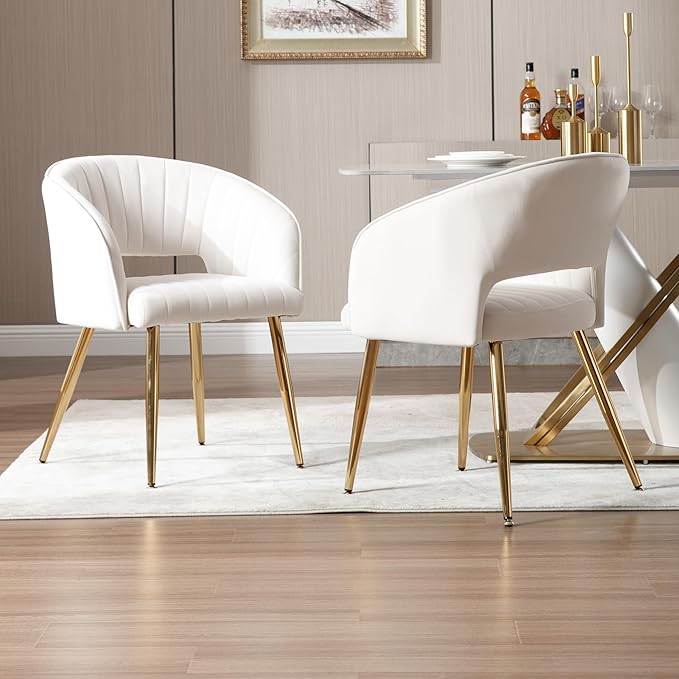 ABET Desk Chair with No Wheels, Velvet Home Office Armchair Gold Legs, Upholstered Modern Accent Chairs, Side Chair for Living Room Bedroom Vanity, Off-White Cream