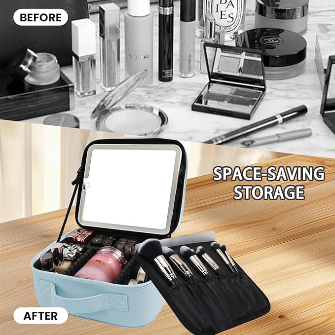 Travel Makeup Bag with LED Mirror and Light Travel Makeup Case Cosmetic Organizer Portable Cosmetic Brush Organizer Bag with Adjustable Dividers for Cosmetics Makeup Brushes Toiletry(Baby Blue)